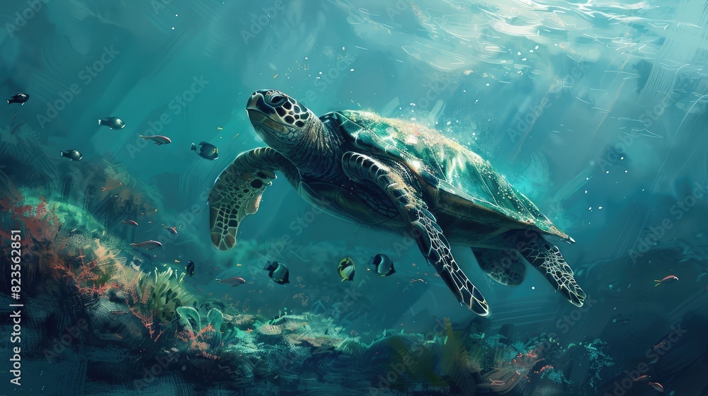 sea turtle gliding peacefully through the ocean depths, surrounded by schools of fish sea turtle gliding peacefully through the ocean depths, surrounded by schools of fish