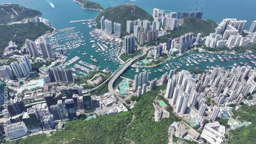 Pok Fu Lam, Aberdeen, Wong Chuk Hang, Ap Lei Chau, Lei Tung, Deep Water Bay, Shouson Hill. Aerial skyview of natural forest landscape of the coastal city in Hong Kong Island photo