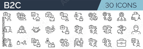 Set of 30 outline icons related to Business-to-consumer, b2c. Linear icon collection. Editable stroke. Vector illustration