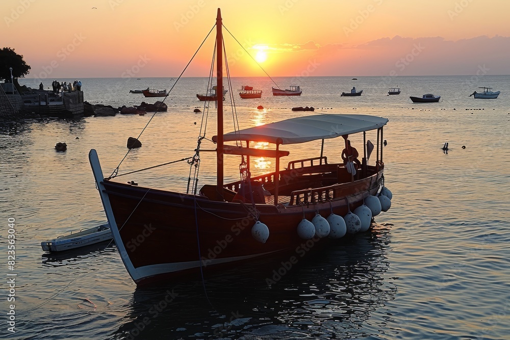 Boat Docked in Water at Sunset