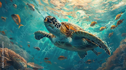 sea turtle gliding peacefully through the ocean depths, surrounded by schools of fish