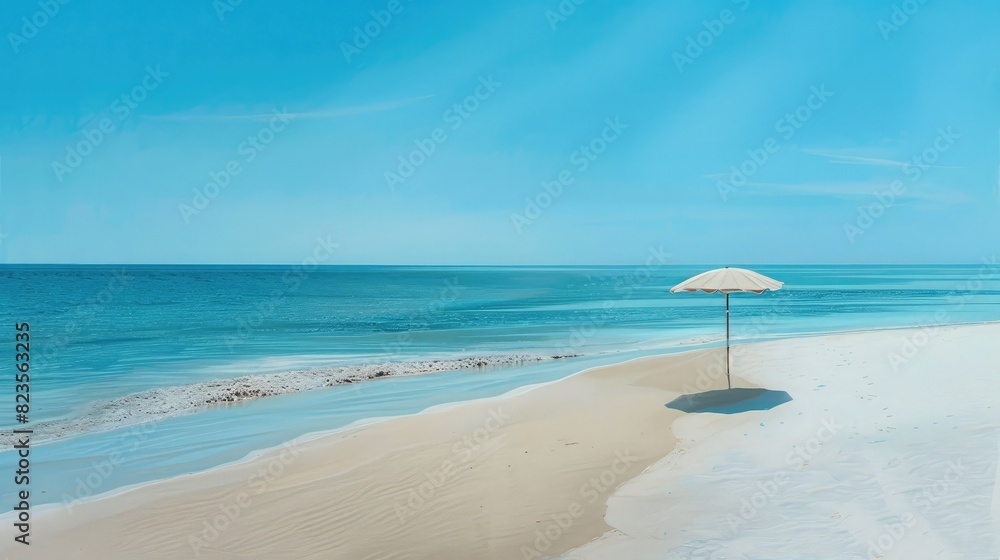 serene beach scene with a lone parasol casting a shadow on the sand, with no one in sight