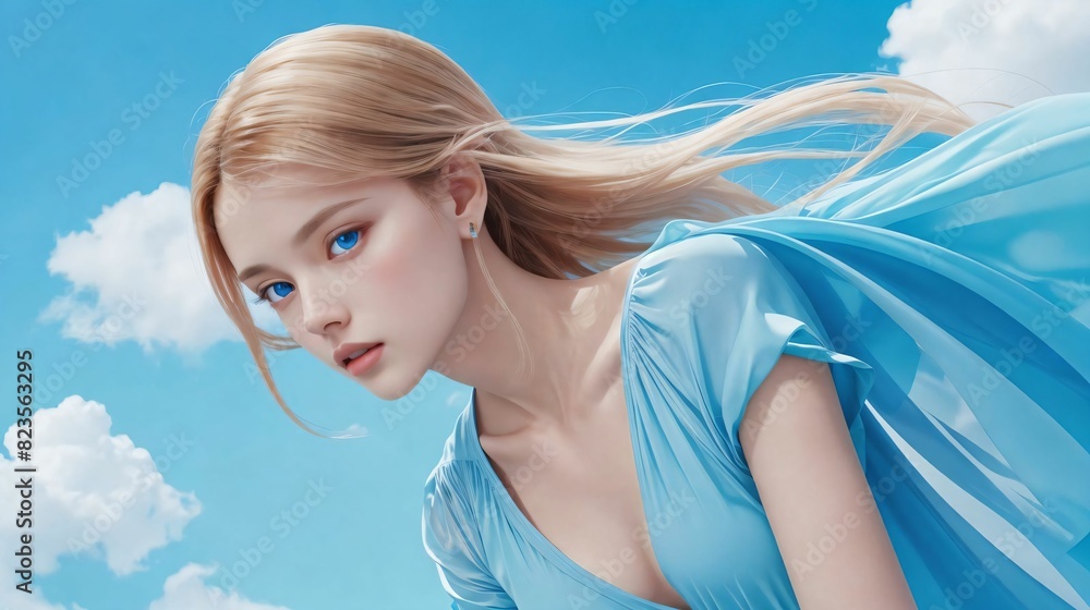 スカイブルーをテーマにした若い女性/Young woman with sky blue  theme