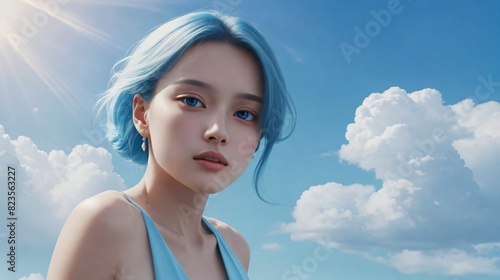 スカイブルーをテーマにした若い女性/Young woman with sky blue  theme © syuyuworld