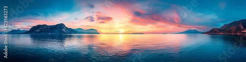 A panoramic view of a beautiful colorful sunset over a calm sea with mountains in the background