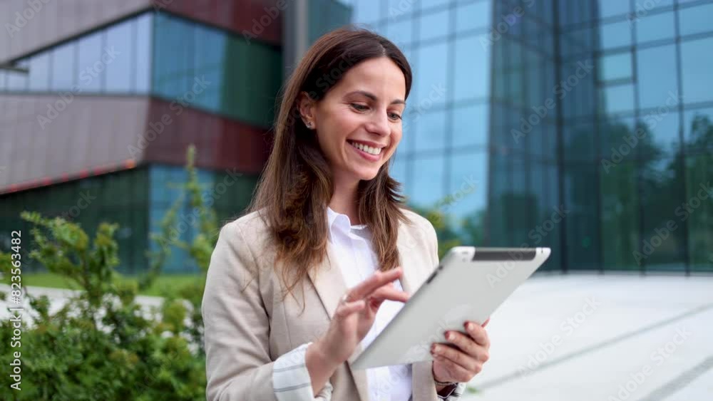 Happy, young businesswoman using tablet and enjoying outdoors Happy, young businesswoman using tablet and enjoying outdoors