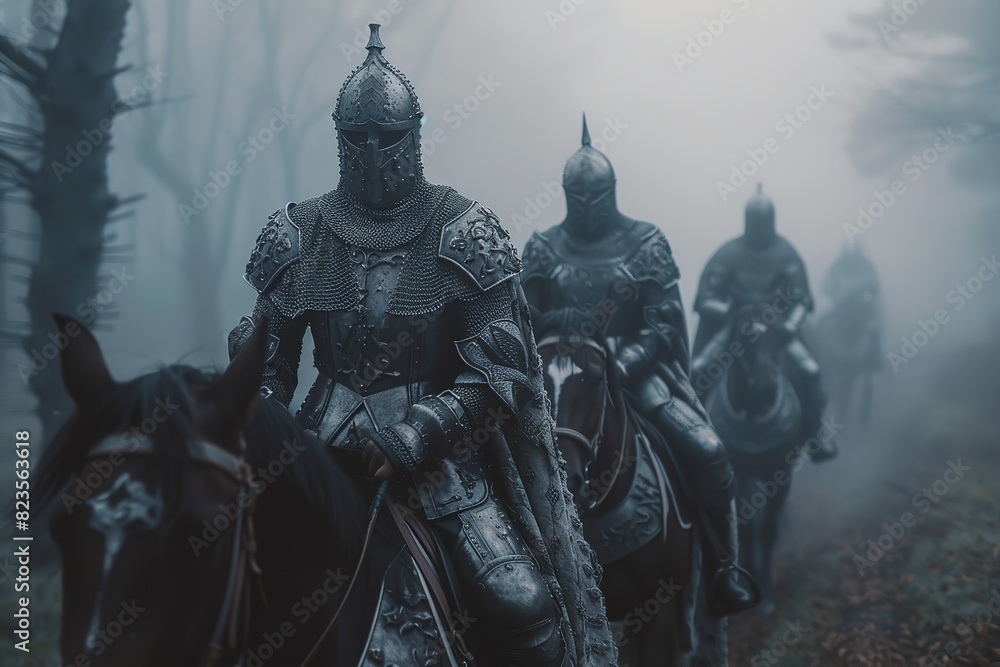 Medieval Knights on Horseback in Misty European Forest Medieval Knights on Horseback in Misty European Forest