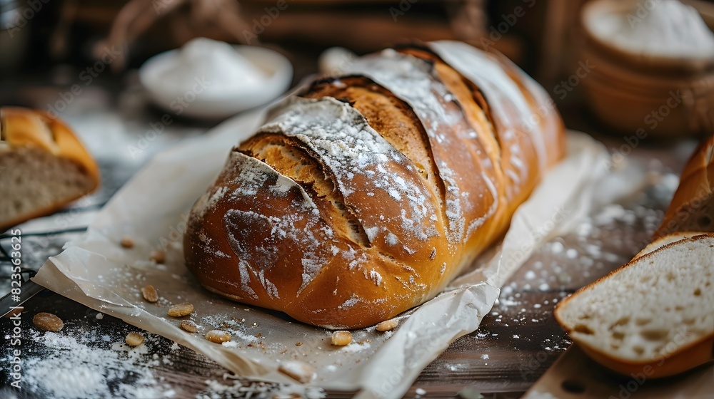 A rustic loaf of sourdough bread on parchment paper, with an aged wooden table in the background and scattered flour around it.
A rustic loaf of sourdough bread on parchment paper, with an aged wooden table in the background and scattered flour around it.