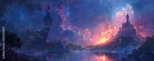 A fairy tale world where every star in the sky represents a different kingdom, each with its own magical lore