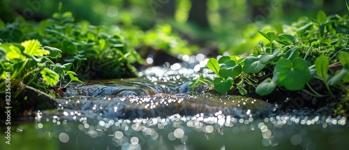 Lovely springs in-depth of a spring water  stream with new  lush blooms and river chunks over a setting of mountains and feral   nature and space  Generative AI.