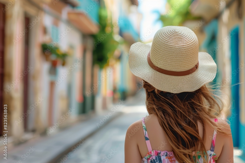 portrait illustration of a tourist woman with hat and long hair , walking in the a street summer city on her vacation,, summer vibes, travel concept