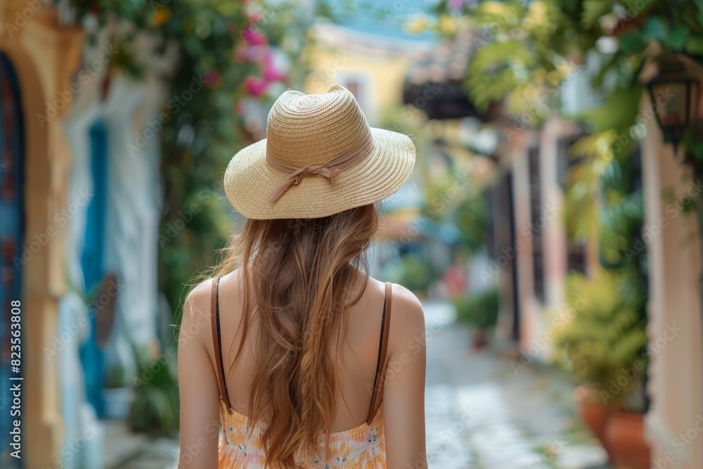 portrait illustration of a tourist woman with hat and long hair , walking in the a street summer city on her vacation,, summer vibes, travel concept
