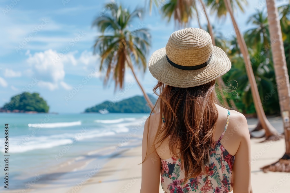 portrait illustration of a tourist woman with hat and long hair , looking the seascape at the beach, summer vibes, travel concept