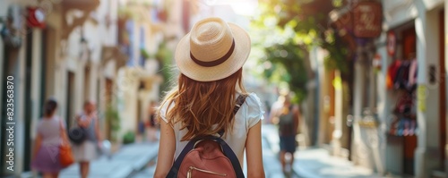 portrait illustration of a tourist woman with hat and long hair , walking in the a street summer city on her vacation,, summer vibes, travel concept photo