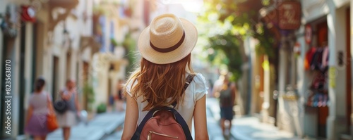 portrait illustration of a tourist woman with hat and long hair , walking in the a street summer city on her vacation,, summer vibes, travel concept