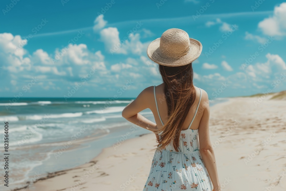 portrait illustration of a tourist woman with hat and long hair , looking the seascape at the beach, summer vibes, travel concept portrait illustration of a tourist woman with hat and long hair , looking the seascape at the beach, summer vibes, travel concept