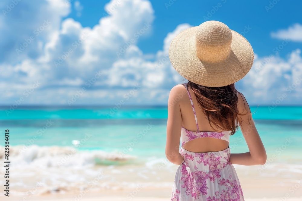 portrait illustration of a tourist woman with hat and long hair , looking the seascape at the beach, summer vibes, travel concept portrait illustration of a tourist woman with hat and long hair , looking the seascape at the beach, summer vibes, travel concept
