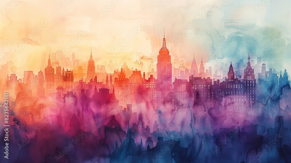 Fototapeta premium A vibrant watercolor painting of a cityscape, capturing the urban landscape in a dreamy and artistic style.