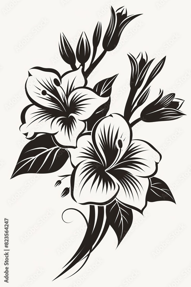 Monochrome Floral Drawing on White Background Monochrome Floral Drawing on White Background