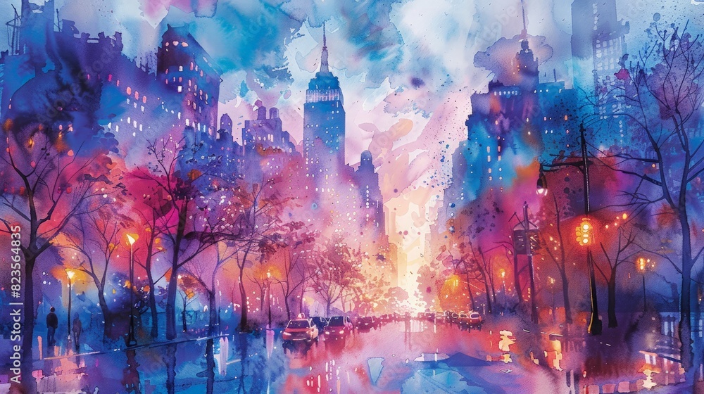 Fototapeta premium A vibrant watercolor painting of a cityscape, capturing the urban landscape in a dreamy and artistic style.