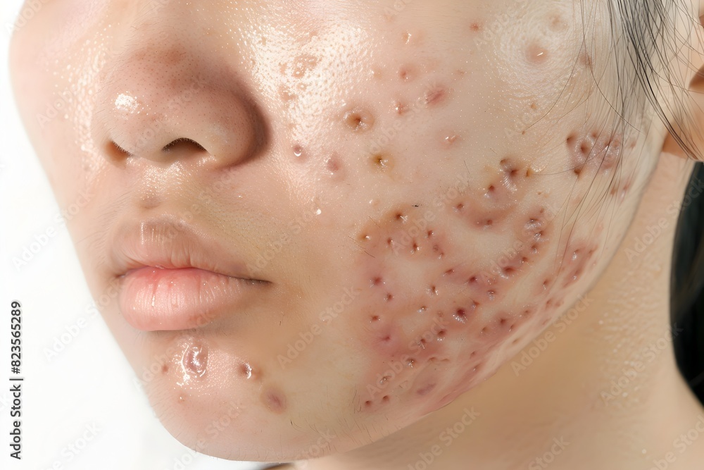 Fototapeta premium Closeup View of Acne Vulgaris Lesions on Asian Woman s Facial Skin Isolated on White Background