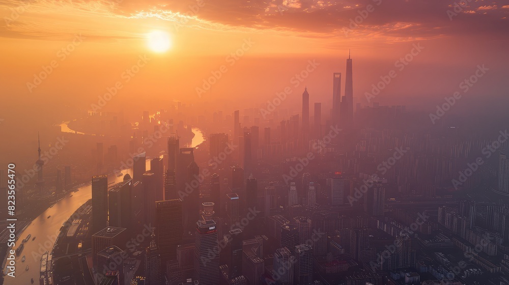 Smoky haze enveloping a city skyline at sunset, highlighting urban air pollution