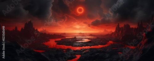 A dark, post-apocalyptic landscape with a fiery red sky and a ringed sun.
