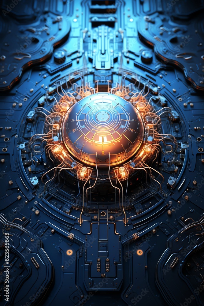 Fototapeta premium A futuristic, glowing orb sits at the center of a complex, intricate circuit board.