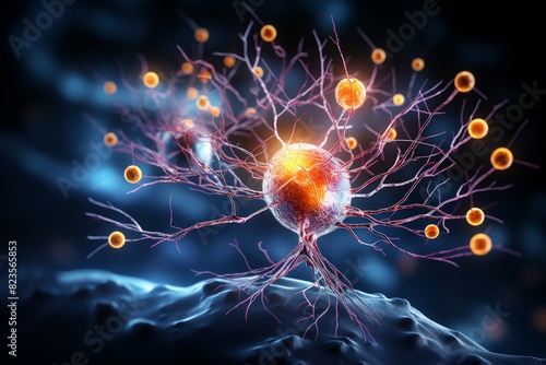 A detailed 3D illustration of a neuron with glowing synapses and dendrites. photo