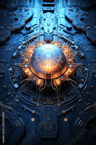 A futuristic, glowing orb sits at the center of a complex, intricate circuit board. © GraphzTain