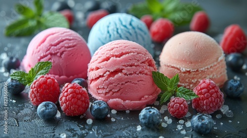 Desserts in the form of cones and sorbets scented with red fruits, wood fruits and menthe leaves, and boules of various flavors and colors photo