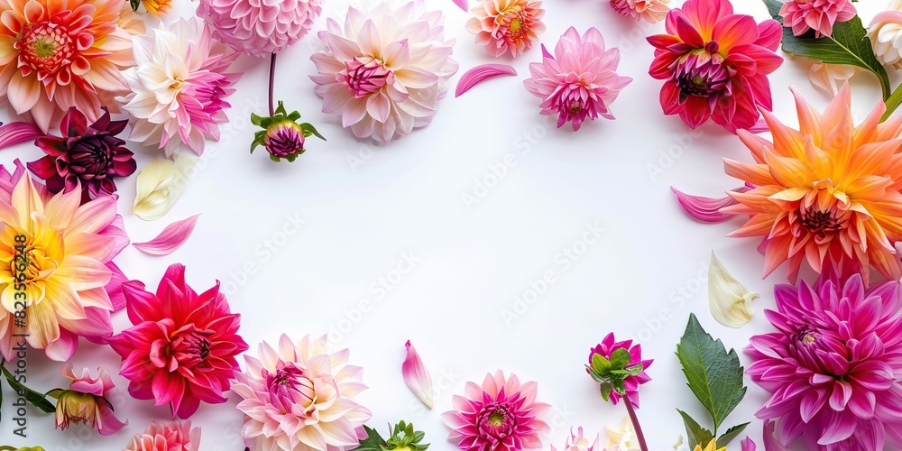 Flowers composition. Flat lay Top view. Border frame made of magenta, peach fuzz, red dahlia isolated white background. Vivid pink flowerheads. Beautiful backdrop for design. Floral assorted dahlias Flowers composition. Flat lay Top view. Border frame made of magenta, peach fuzz, red dahlia isolated white background. Vivid pink flowerheads. Beautiful backdrop for design. Floral assorted dahlias