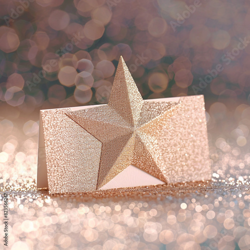 Blank star-shaped business card with celestial motifs, glittery surface. photo