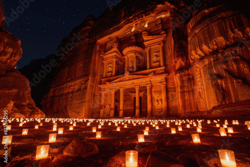 Petra's Treasury illuminated by candles, creating a magical atmosphere against the rocky backdrop