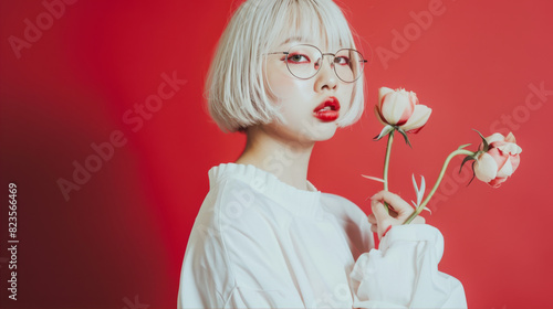 A blonde girl with a bob wearing glasses on a red background holds a flower in her hands
