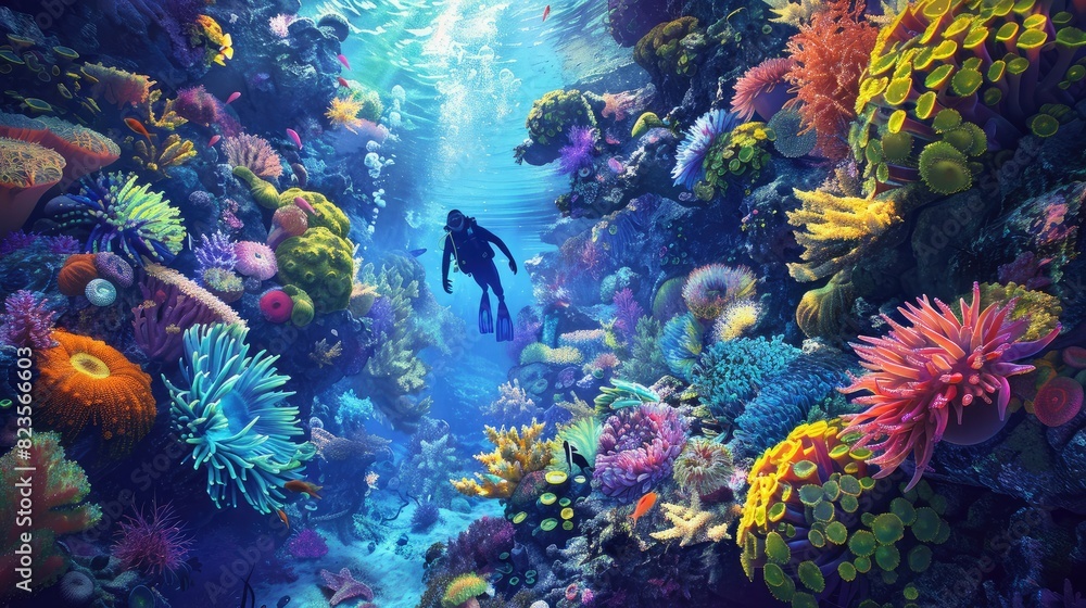 snorkeler marveling at a vibrant underwater garden of coral and sea anemones
