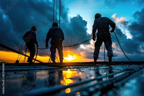 Three men are working on a construction site, with one of them holding a rope. The sky is cloudy and the sun is setting, creating a moody atmosphere