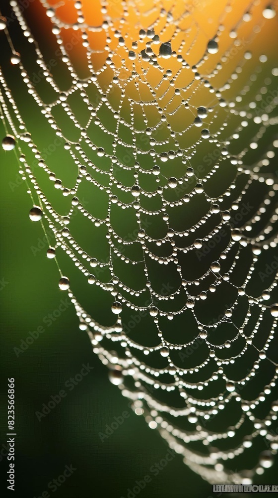 A spiderweb covered in dew drops, with a blurred background of green and orange.