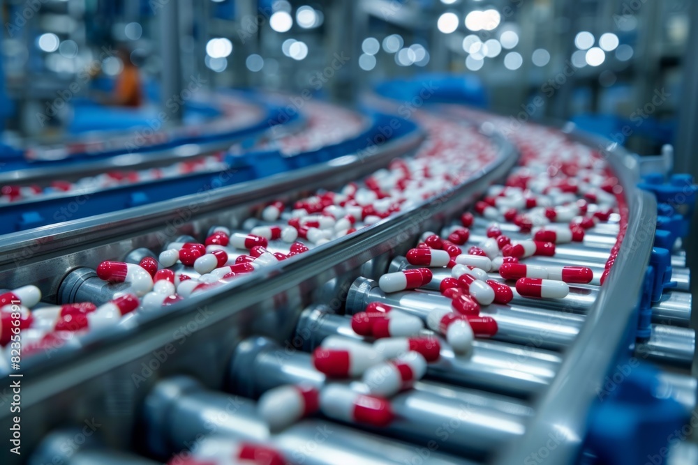 Fototapeta premium Capsules pills on a conveyor belt in a pharmacological factory