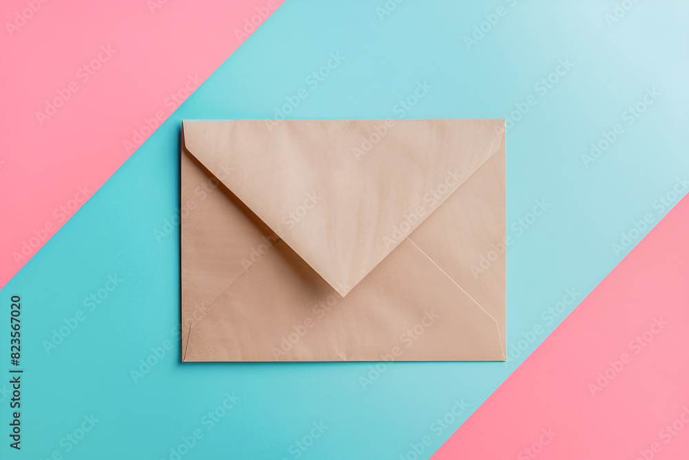 Top view of an envelope on pink and blue geometric background Top view of an envelope on pink and blue geometric background