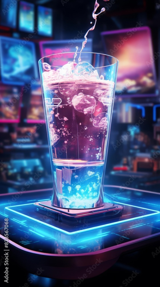 A tall glass of ice water with a blue glow, on a glowing blue platform in a futuristic setting. A tall glass of ice water with a blue glow, on a glowing blue platform in a futuristic setting.