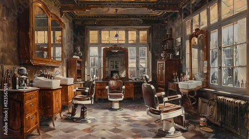 The image shows an upscale barbershop with dark wood paneling  leather chairs  and mirrors.  