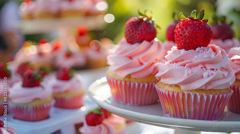 A table full of cupcakes and cakes at an outdoor party, with pink frosting and strawberries on top. Emphasize the deliciousness of these treats.
