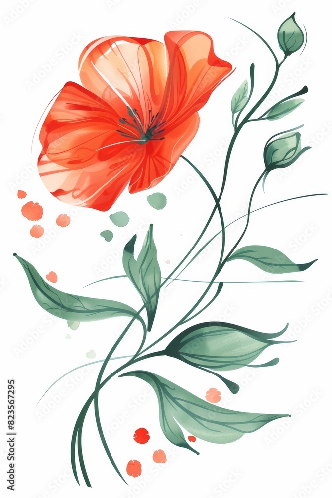 Red Flower With Green Leaves on White Background Red Flower With Green Leaves on White Background