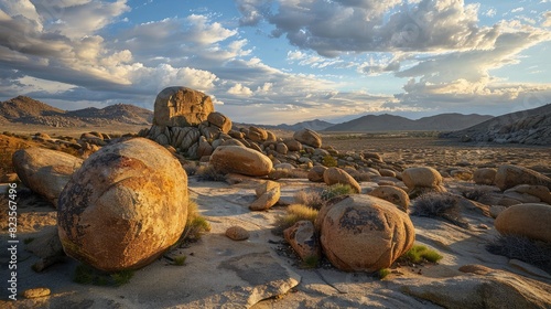 Soft sandstone boulders scattered across a desert valley, creating a surreal scene