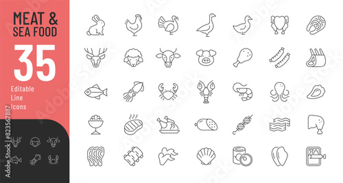 Meat and Seafood Editable Icons set. Vector illustration in modern thin line style of food related icons: chicken, octopus, beef, and more. Pictograms and infographics for mobile apps.