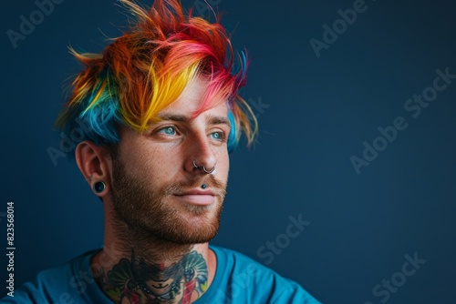 Informal man with piercings and rainbow dyed hair