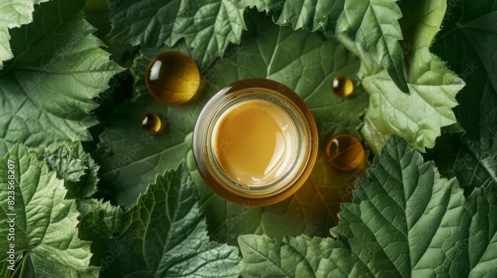 Jar of cosmetic skincare cream surrounded by green leaves Jar of cosmetic skincare cream surrounded by green leaves