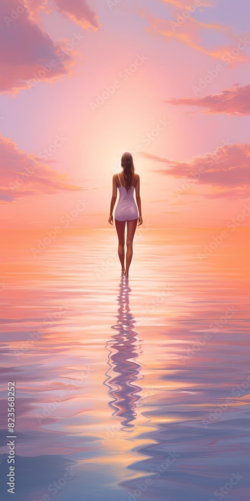 Woman in white dress walking on water towards a sunset. Woman in white dress walking on water towards a sunset.