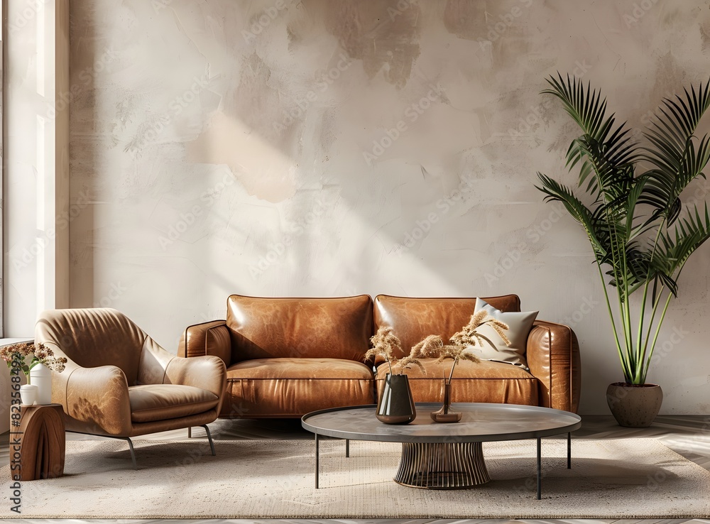 Modern living room interior with a brown leather sofa, armchair and coffee table near a beige wall mock up in the style of boho home design Modern living room interior with a brown leather sofa, armchair and coffee table near a beige wall mock up in the style of boho home design